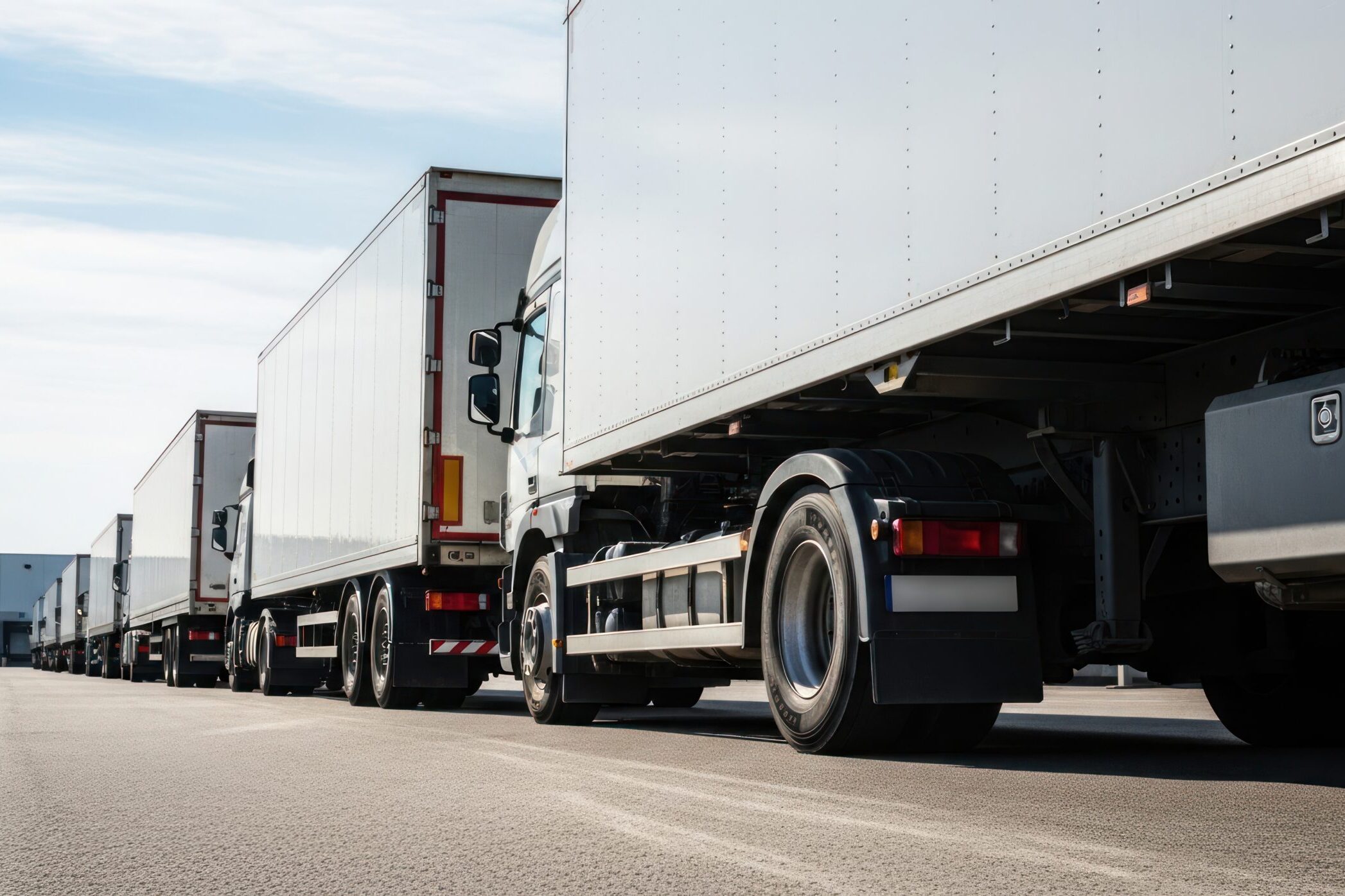 Transportation Logistics: Long Line of Parked White Semi-Trailer Trucks at a Modern Cargo Shipping Terminal